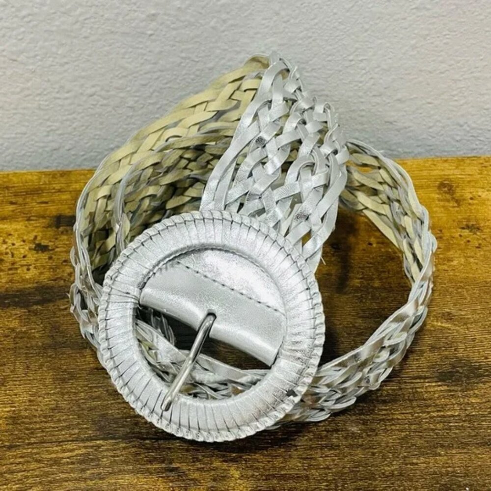 White House Black Market Women’s Silver Wide Woven Leather Belt